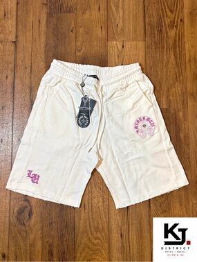 District Cream Kids Shorts with Pink Embroidered Logos